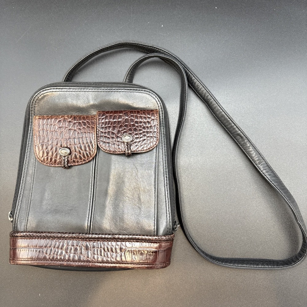 Brighton Crossbody/Shoulder Bag Purse One‎ World Black Brown Leather 9x8x2"